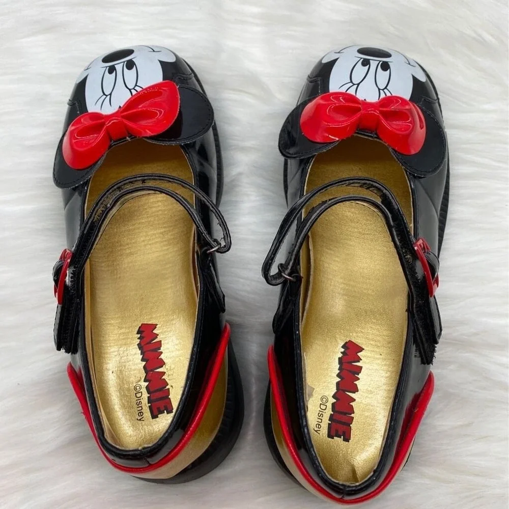 Vintage Disney Shoes Girls Sz 2-3 Minne Mouse Mary Jane Black Bow Buckle